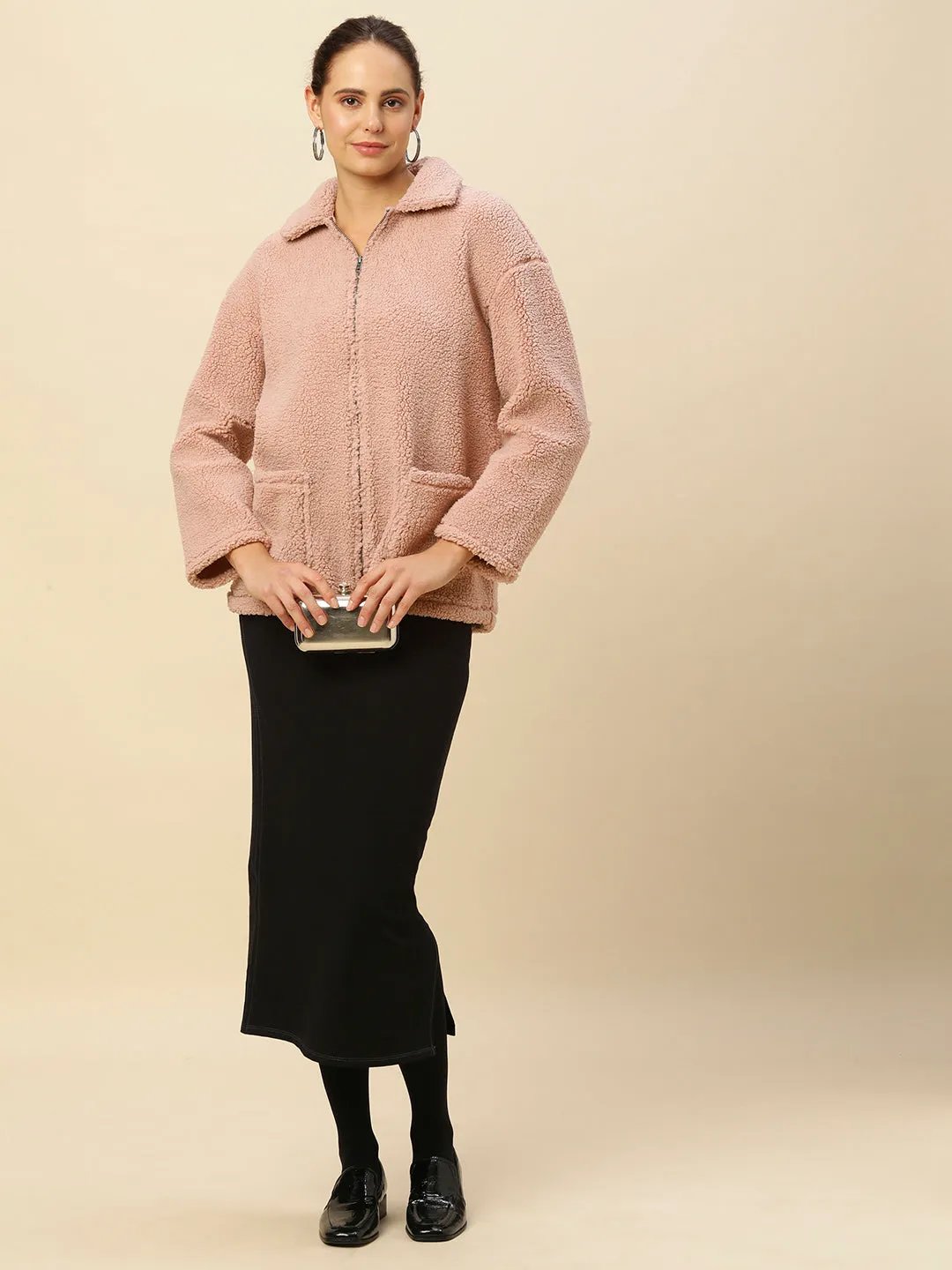 Zippered Oversized Sherpa Drop Shoulder Jacket